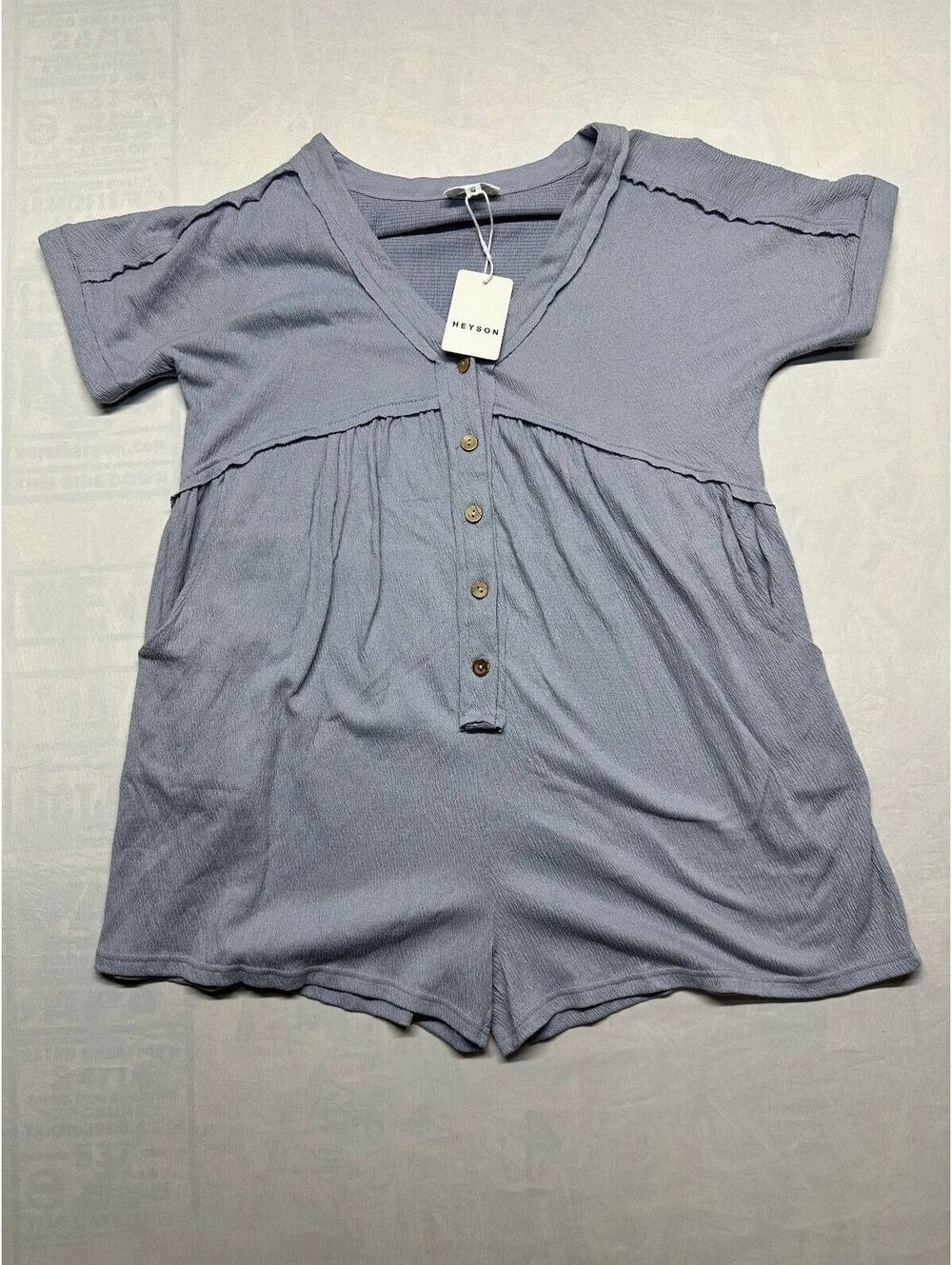 NWT Heyson Throw On And Go Button Front Romper Dusty Blue Size Small